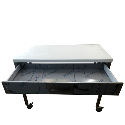 Rolltisch Klartext Metallgestell mit weiß lackierter Platte, Rollen und Schublade